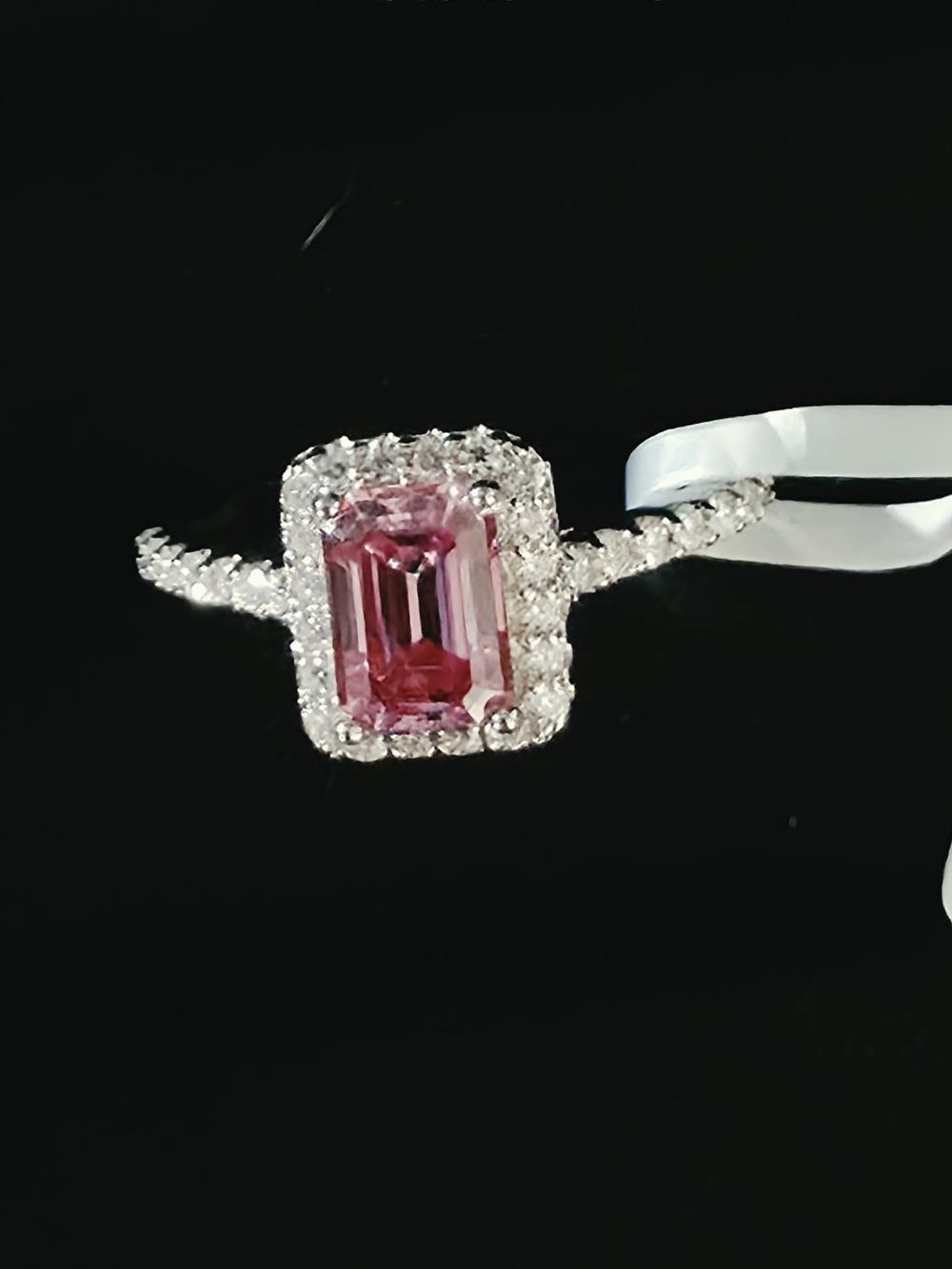 Pink Moissanite Halo Ring with Accent Stones - Size 7